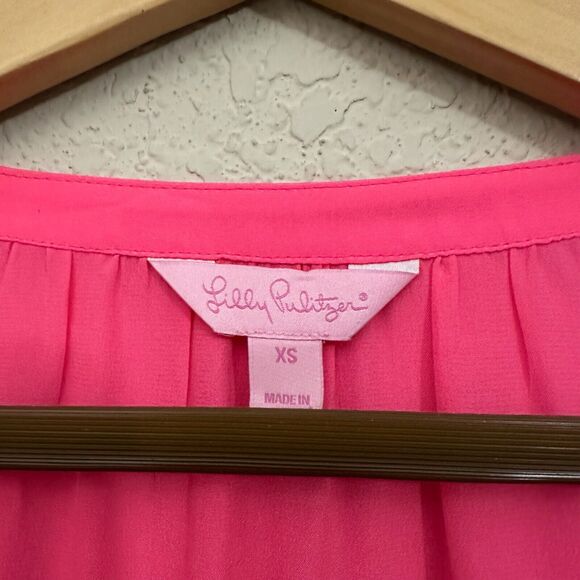 LILLY PULITZER Saria Top Blouse Pink Silk Satin Puff Sleeve Tasseled - Picture 10 of 13